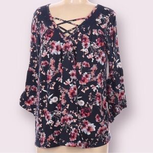 𝅺NEW Directions Womens Floral Print Bell Ruffle 3/4 Sleeve Blouse Size Medium